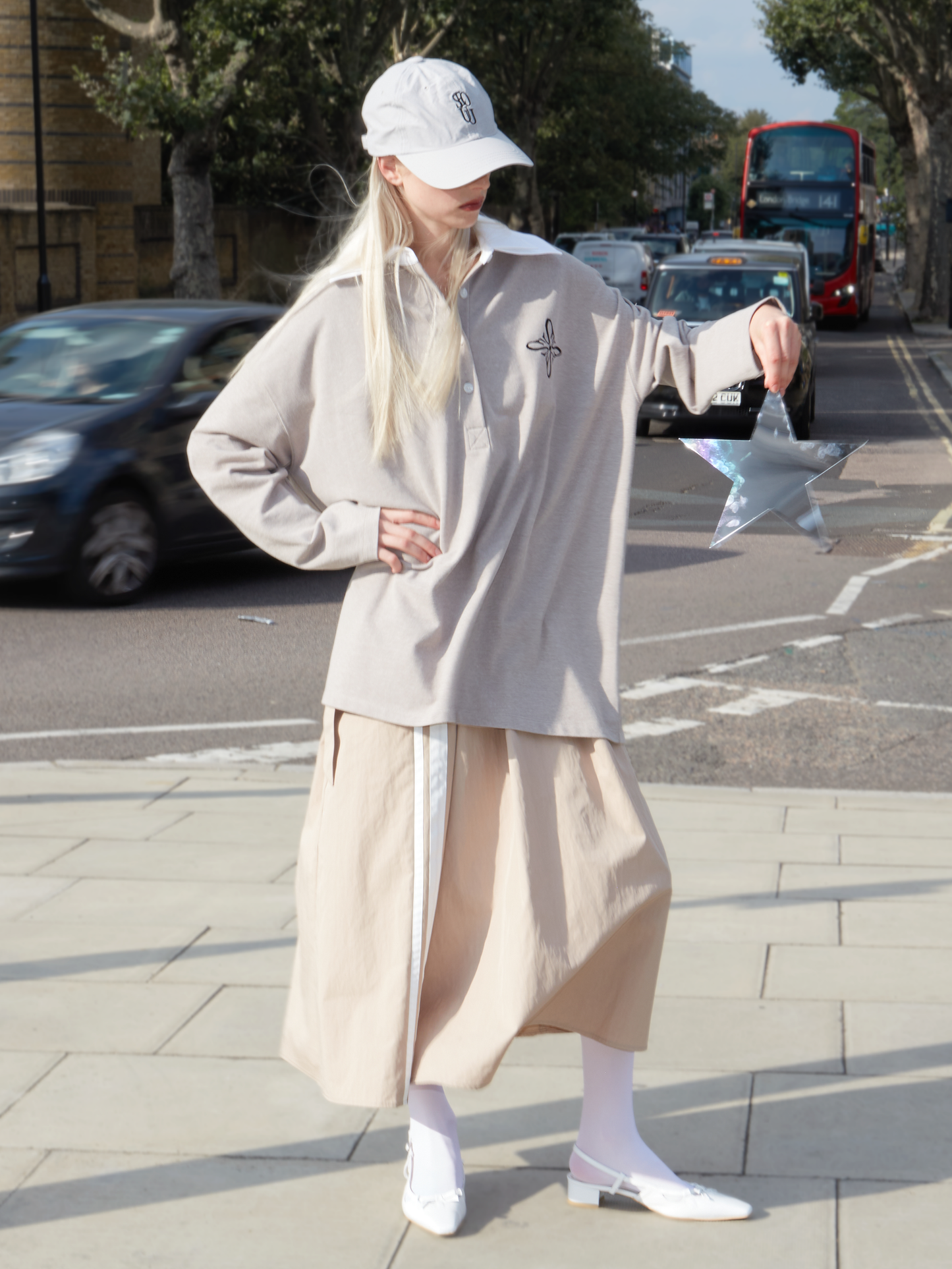 Nylon Cotton Pleated Skirt Beige