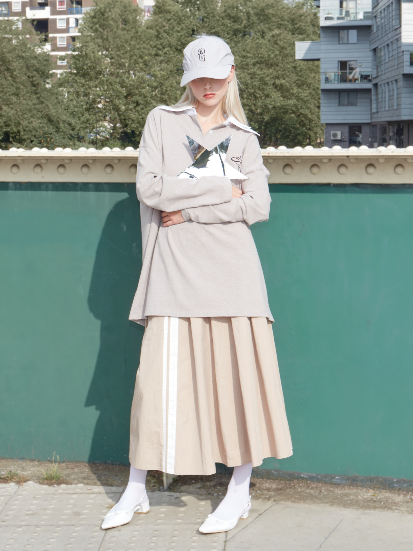 Nylon Cotton Pleated Skirt Beige