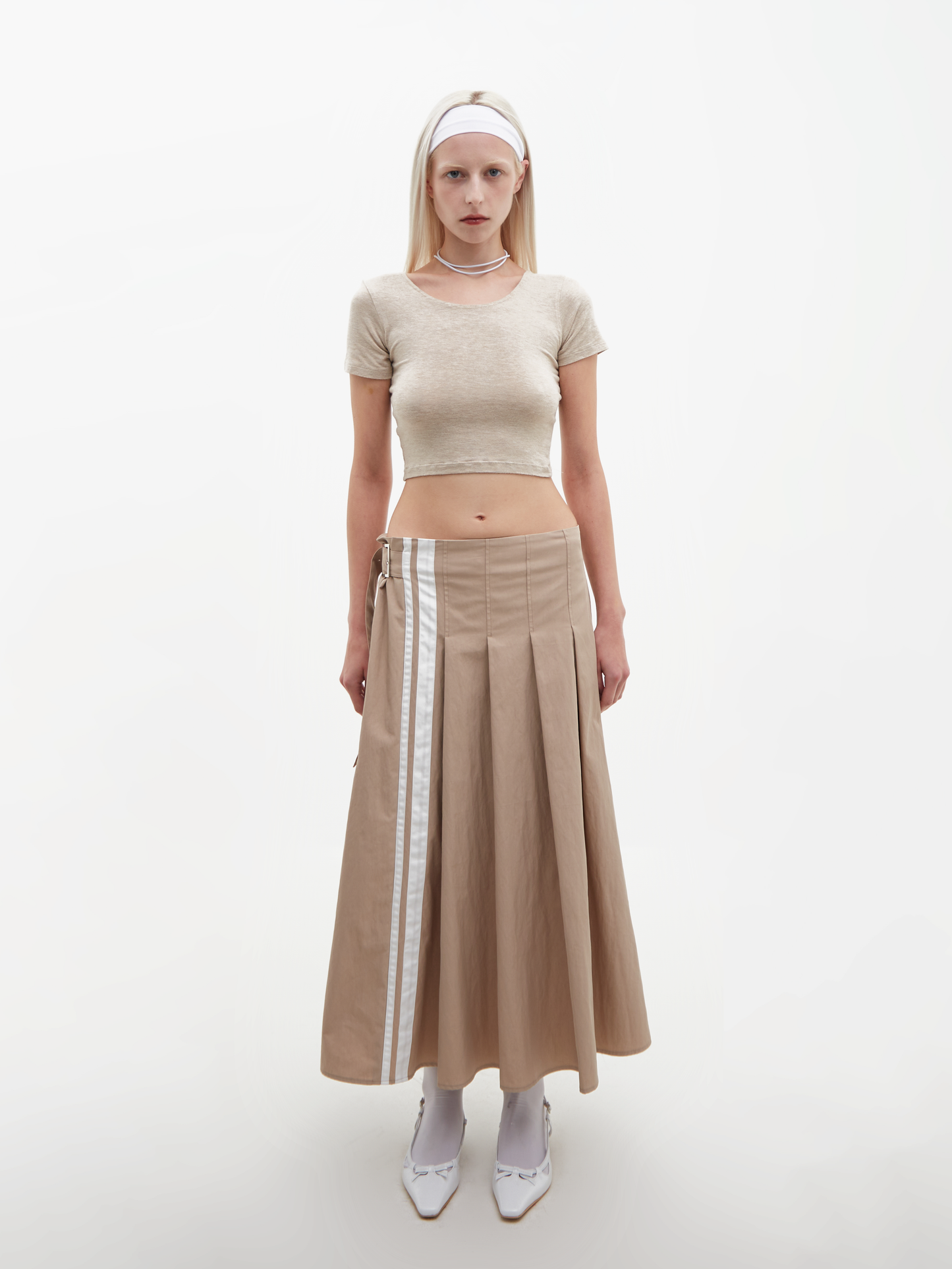 Nylon Cotton Pleated Skirt Beige