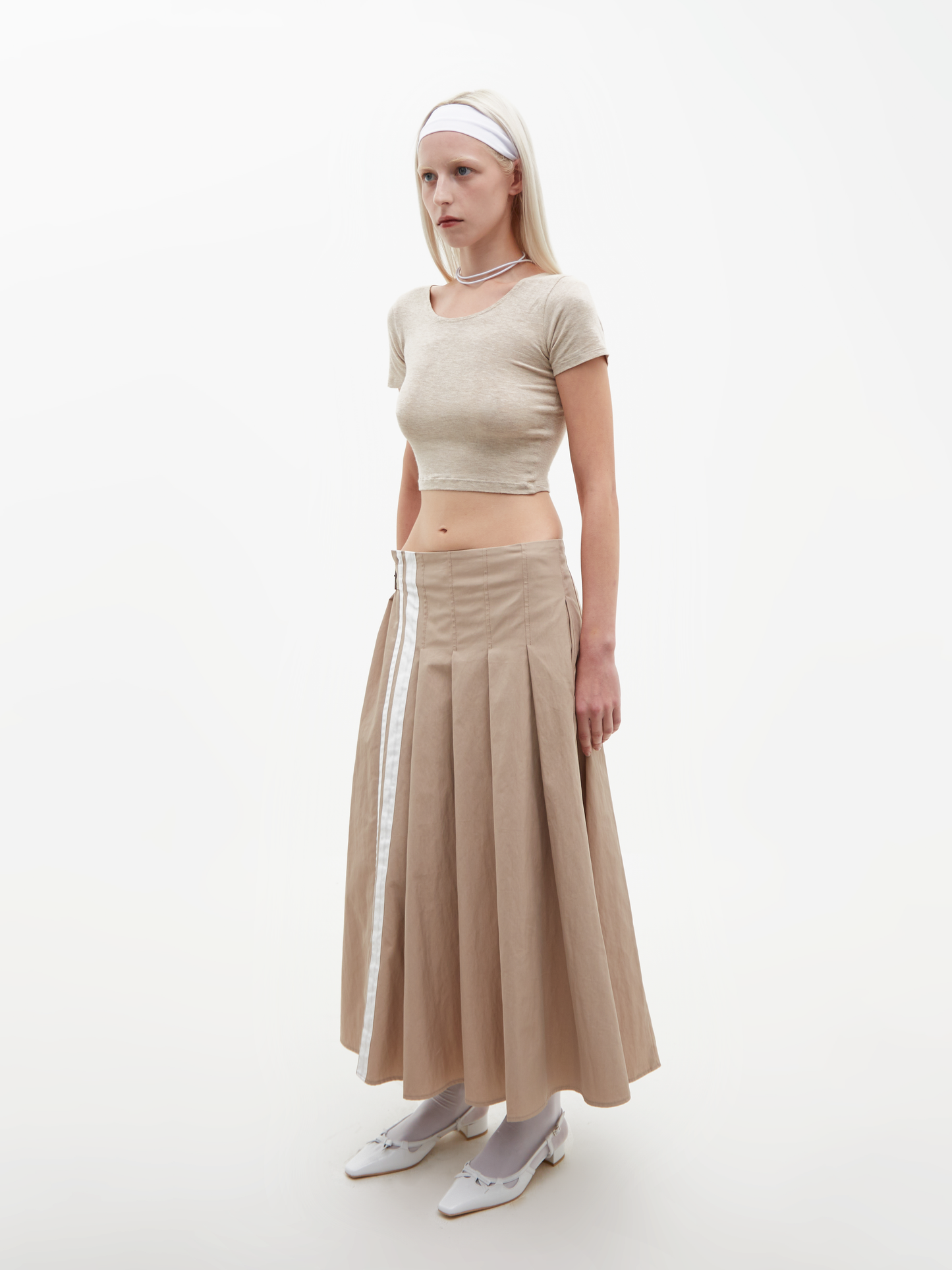 Nylon Cotton Pleated Skirt Beige