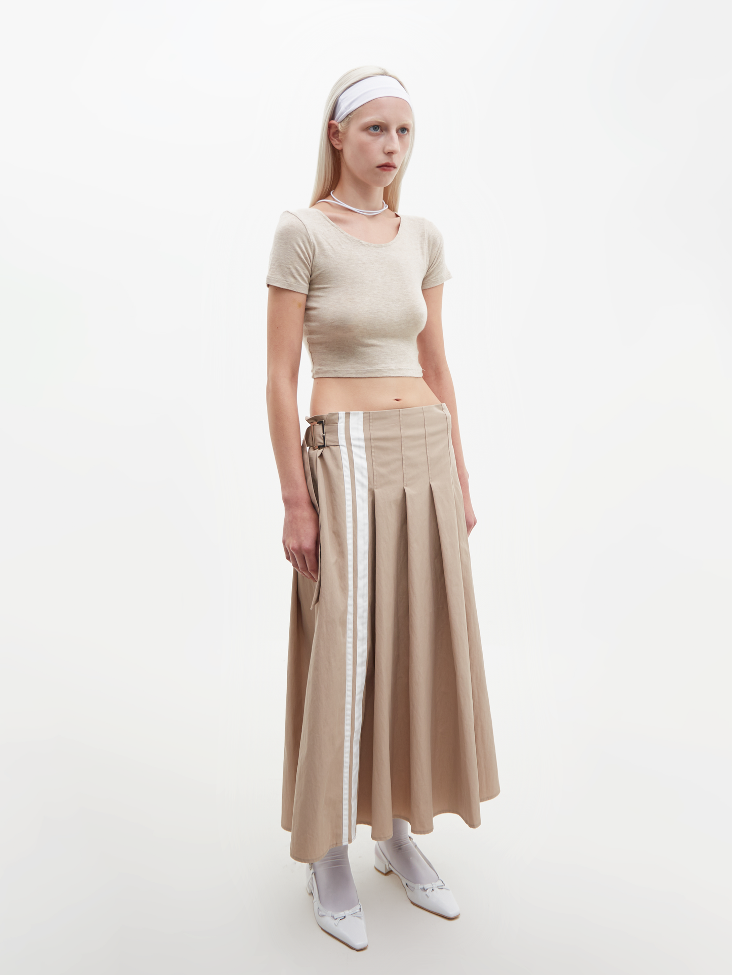 Nylon Cotton Pleated Skirt Beige
