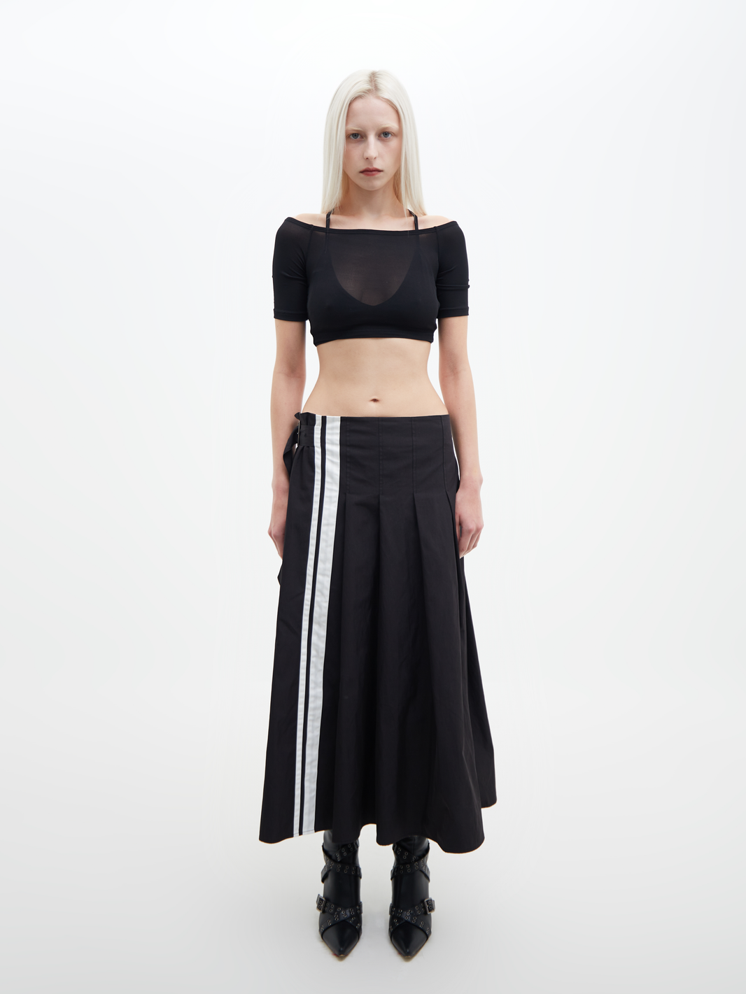 Nylon Cotton Pleated Skirt Black