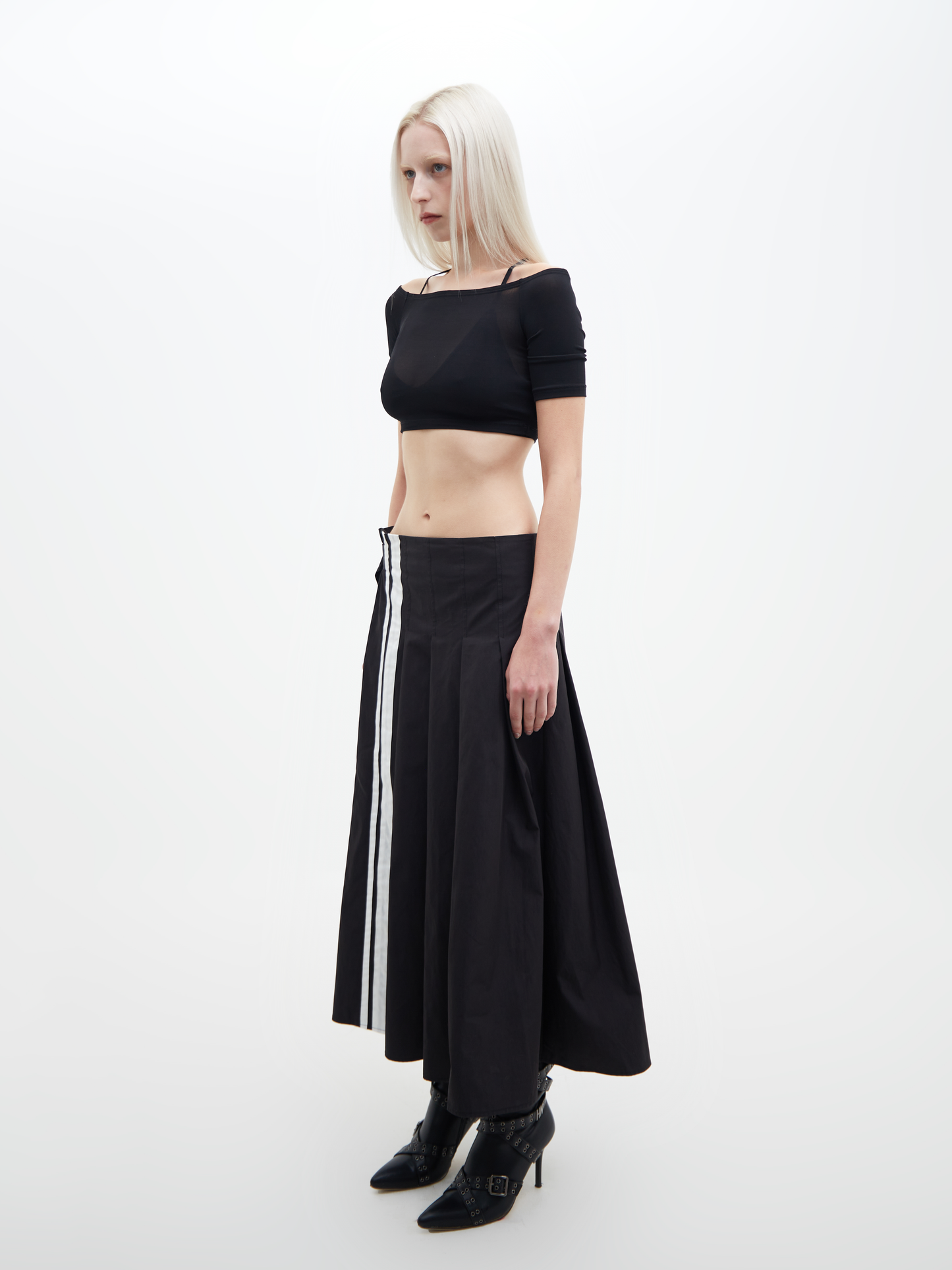 Nylon Cotton Pleated Skirt Black