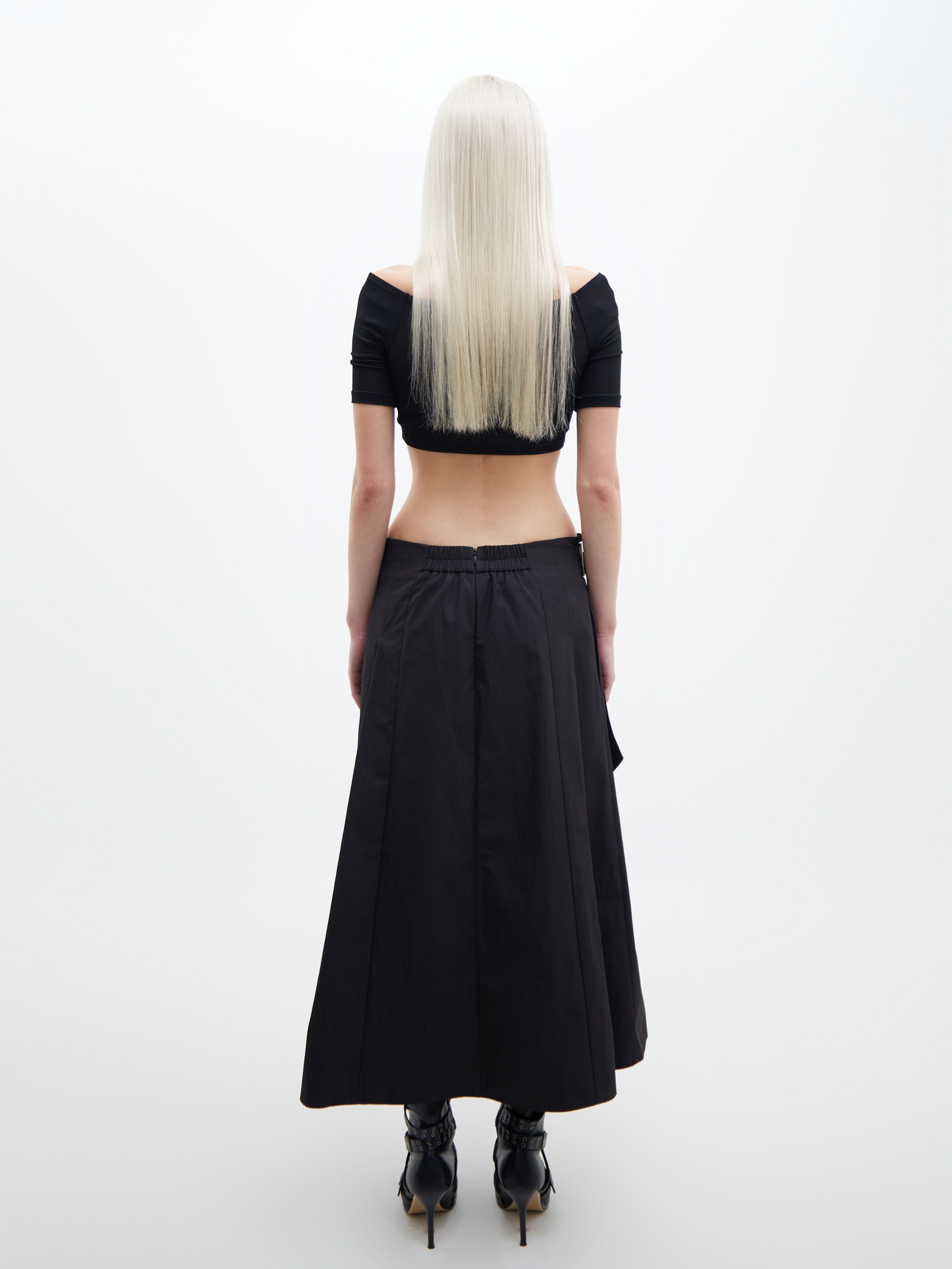 Nylon Cotton Pleated Skirt Black