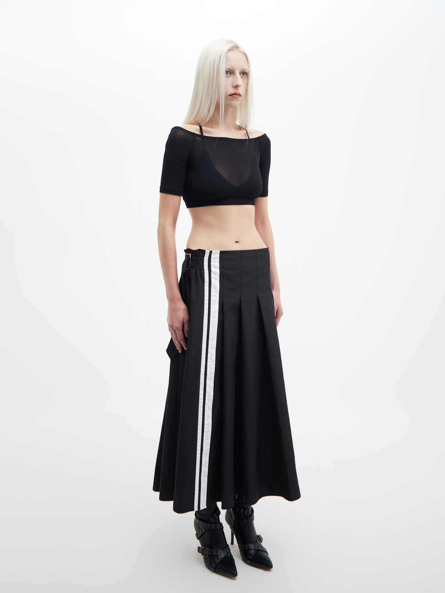 Nylon Cotton Pleated Skirt Black